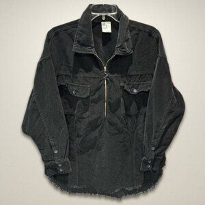 Offline by Aerie Shacket Corduroy Long Sleeve Half-Zip Distressed Hem Black W L